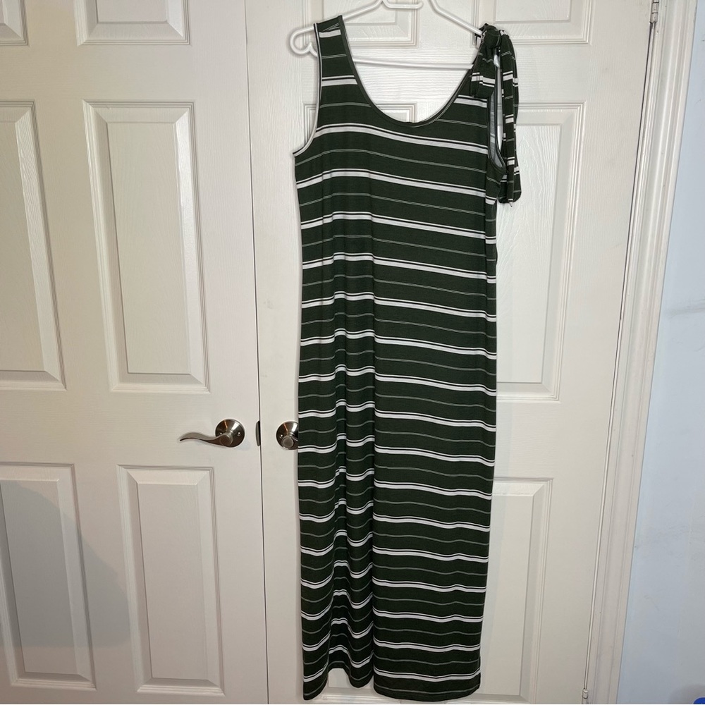 Belted Horizontal Stripe Green White Sleeveless Dress Belt Lily Morgan Large - Picture 2 of 8